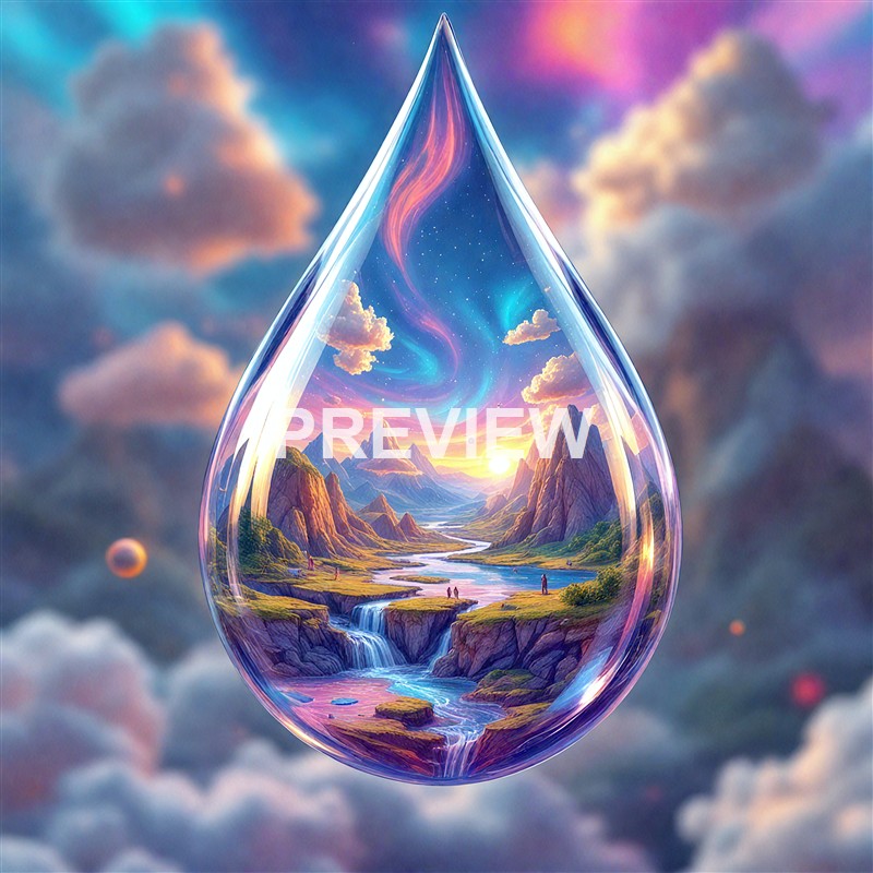 A surreal, colorful landscape scene is contained within a large, transparent water droplet, featuring mountains, a river, waterfalls, and a vibrant sky with swirling clouds and the sun.